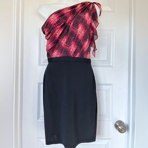 Bebe sz XS one shoulder ruffle dress, spandex black skirt red silk chiffon top